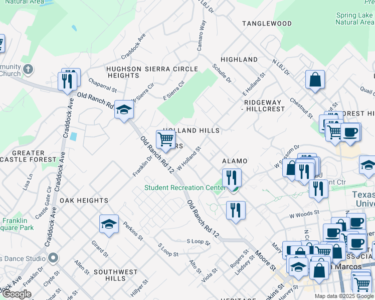 map of restaurants, bars, coffee shops, grocery stores, and more near 1411 Owens Street in San Marcos