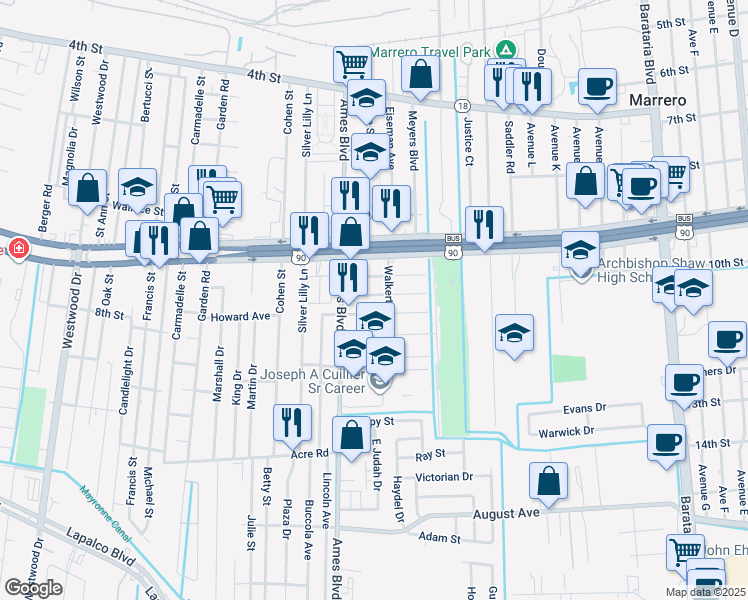 map of restaurants, bars, coffee shops, grocery stores, and more near 6239 3rd Avenue in Marrero