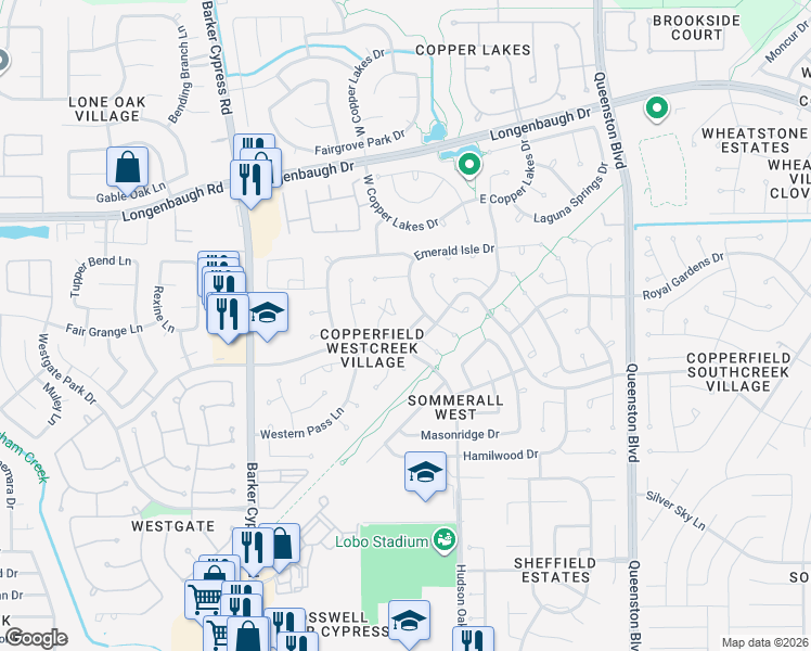 map of restaurants, bars, coffee shops, grocery stores, and more near 17718 Mossy Ridge Lane in Houston