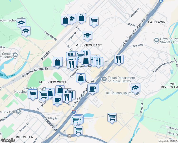 map of restaurants, bars, coffee shops, grocery stores, and more near 1640 Aquarena Springs Drive in San Marcos
