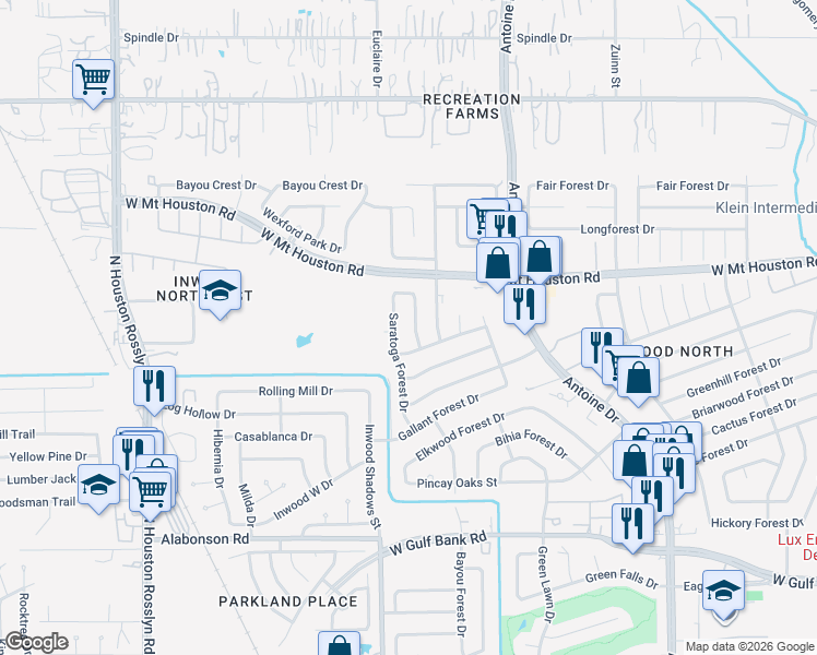 map of restaurants, bars, coffee shops, grocery stores, and more near 8619 Wildforest Drive in Houston