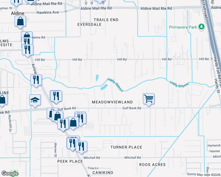 map of restaurants, bars, coffee shops, grocery stores, and more near 13323 Glennlast Lane in Houston