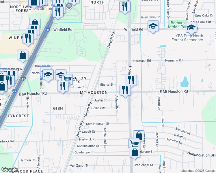 map of restaurants, bars, coffee shops, grocery stores, and more near 5810 Elberta Street in Houston