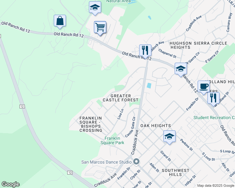 map of restaurants, bars, coffee shops, grocery stores, and more near 1902 Ramona Circle in San Marcos
