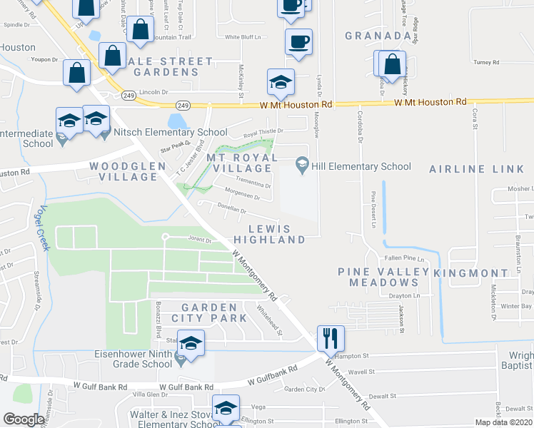 map of restaurants, bars, coffee shops, grocery stores, and more near 2718 Donellan Drive in Houston