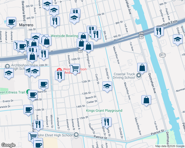 map of restaurants, bars, coffee shops, grocery stores, and more near 1121 Farrington Drive in Marrero