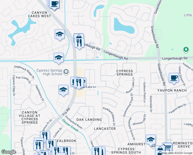 map of restaurants, bars, coffee shops, grocery stores, and more near 7826 Meandering Oak Lane in Cypress