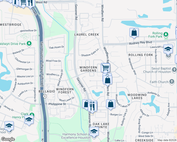 map of restaurants, bars, coffee shops, grocery stores, and more near 8303 Spring Wind Dr in Houston