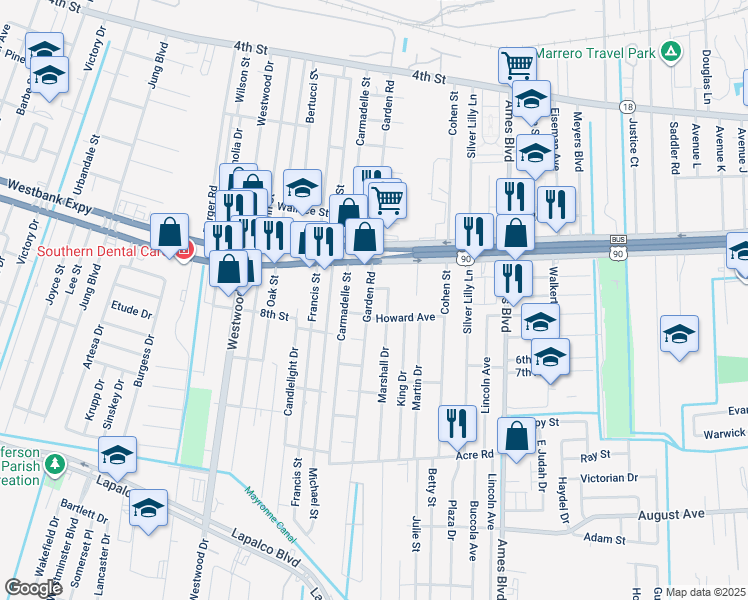map of restaurants, bars, coffee shops, grocery stores, and more near 1009 Garden Road in Marrero