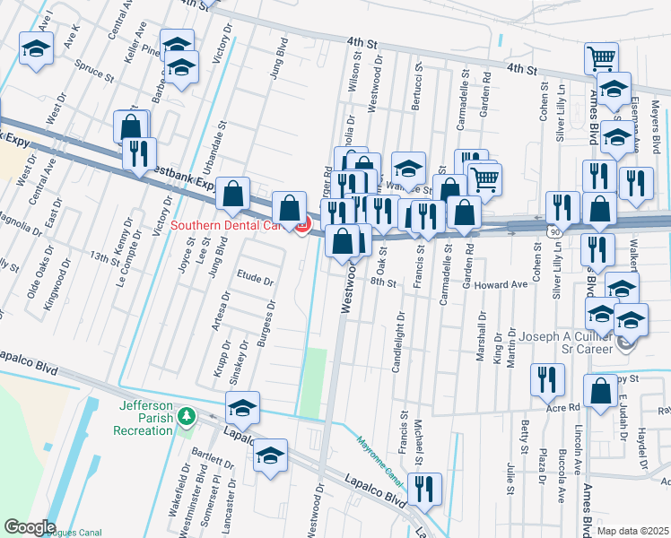 map of restaurants, bars, coffee shops, grocery stores, and more near 921 Dimarco Drive in Marrero