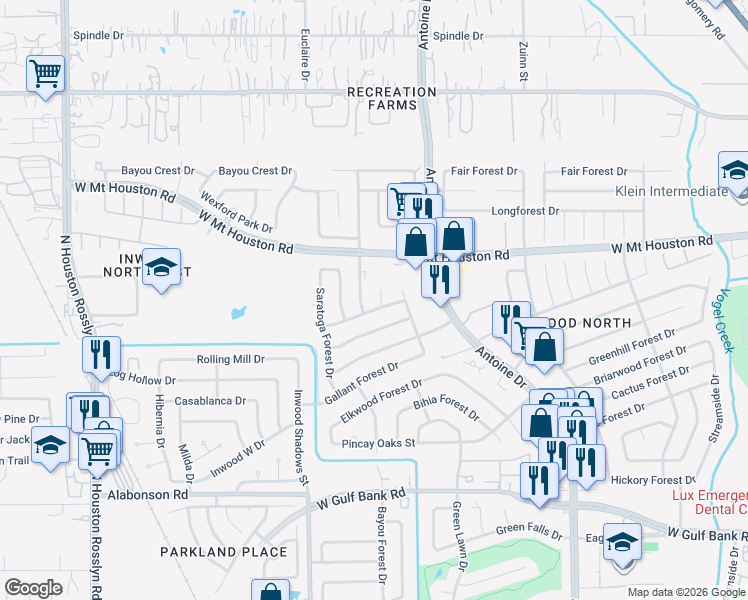 map of restaurants, bars, coffee shops, grocery stores, and more near 8607 Chestnut Forest Drive in Houston