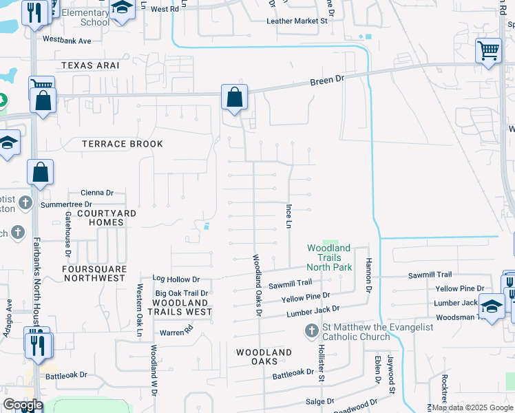 map of restaurants, bars, coffee shops, grocery stores, and more near 7831 Brook Trail Circle in Houston