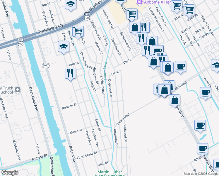 map of restaurants, bars, coffee shops, grocery stores, and more near 1340 Dogwood Drive in Harvey