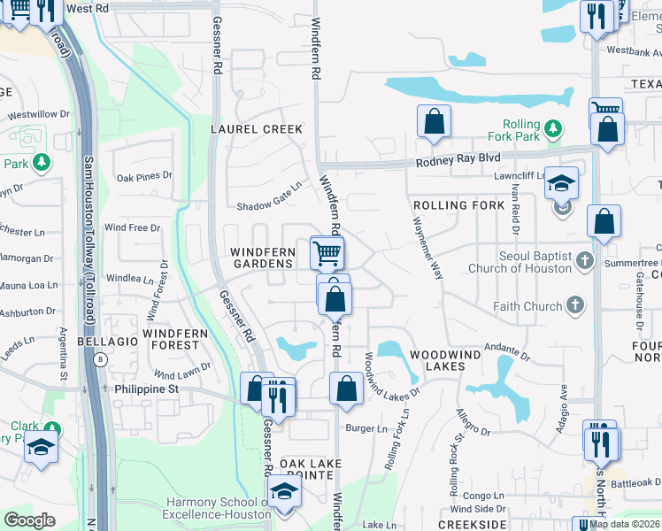 map of restaurants, bars, coffee shops, grocery stores, and more near 8302 Silvan Wind Lane in Houston
