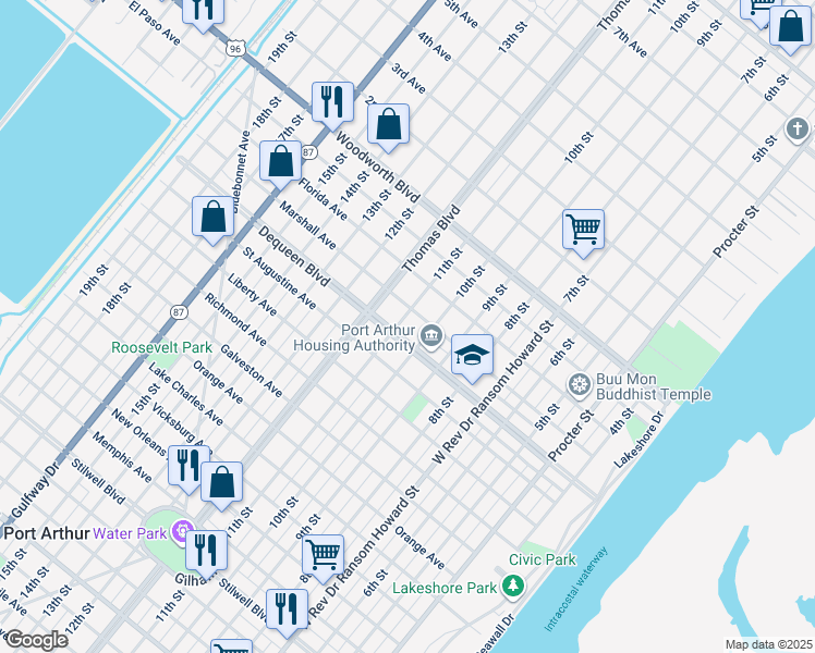 map of restaurants, bars, coffee shops, grocery stores, and more near 1036 Dequeen Boulevard in Port Arthur