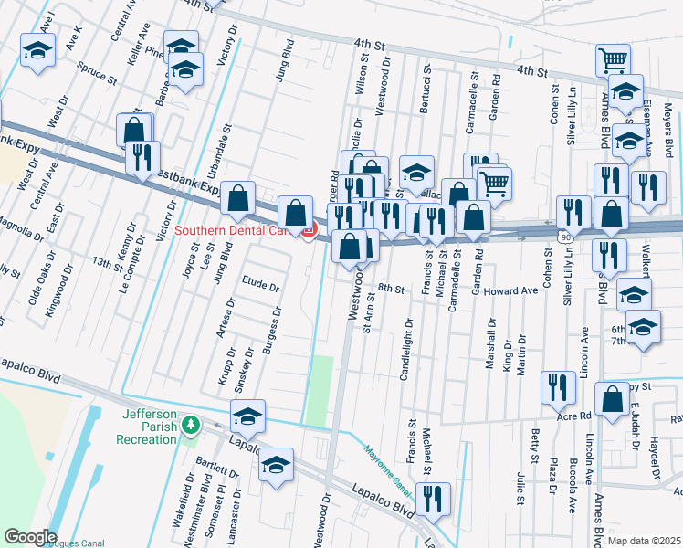 map of restaurants, bars, coffee shops, grocery stores, and more near 921 Dimarco Drive in Marrero