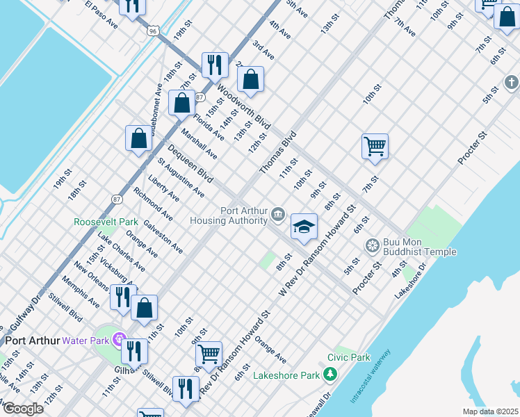map of restaurants, bars, coffee shops, grocery stores, and more near 1036 Dequeen Boulevard in Port Arthur