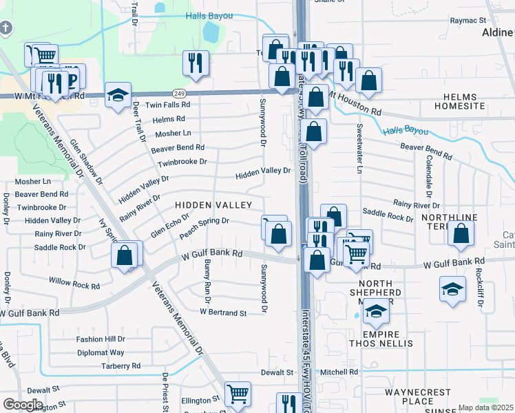 map of restaurants, bars, coffee shops, grocery stores, and more near 806 Saddle Rock Drive in Houston