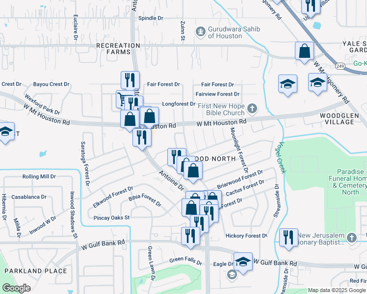 map of restaurants, bars, coffee shops, grocery stores, and more near 8622 Victoria Forest Drive in Houston