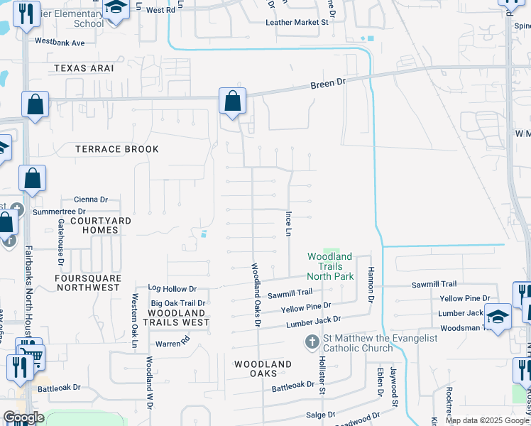 map of restaurants, bars, coffee shops, grocery stores, and more near 7831 Brook Trail Circle in Houston