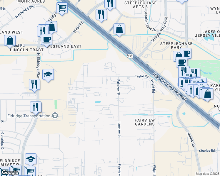 map of restaurants, bars, coffee shops, grocery stores, and more near 7911 Fairview Street in Houston