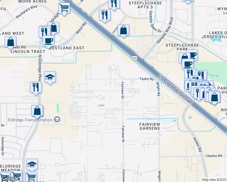 map of restaurants, bars, coffee shops, grocery stores, and more near 7911 Fairview Street in Houston