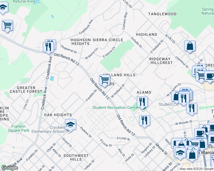 map of restaurants, bars, coffee shops, grocery stores, and more near 116 A B Coers Circle in San Marcos