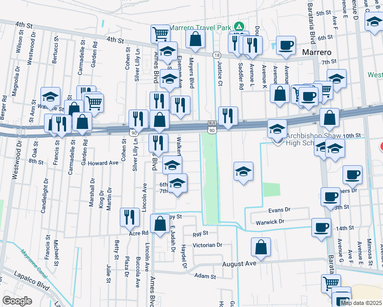 map of restaurants, bars, coffee shops, grocery stores, and more near 6109 3rd Avenue in Marrero