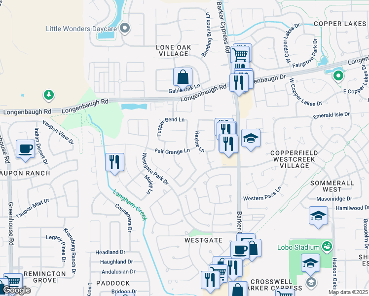 map of restaurants, bars, coffee shops, grocery stores, and more near 18202 Fair Grange Lane in Cypress