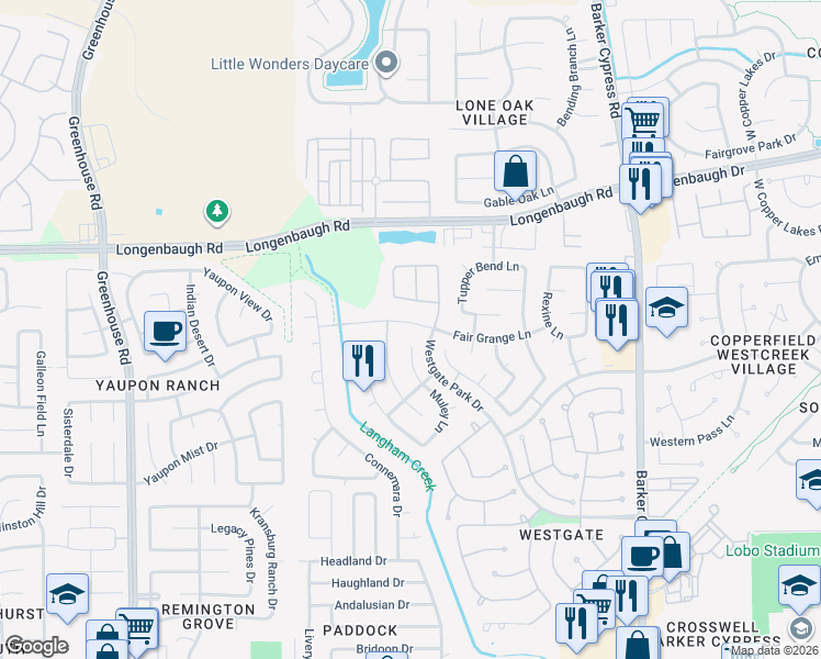 map of restaurants, bars, coffee shops, grocery stores, and more near 18423 Fair Grange Lane in Cypress