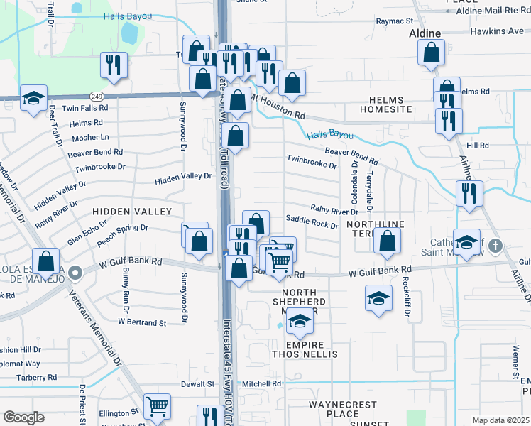 map of restaurants, bars, coffee shops, grocery stores, and more near 602 Saddle Rock Drive in Houston