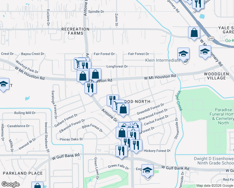 map of restaurants, bars, coffee shops, grocery stores, and more near 8622 Victoria Forest Drive in Houston