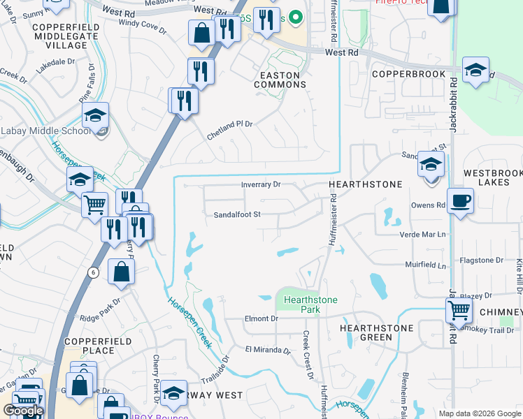 map of restaurants, bars, coffee shops, grocery stores, and more near 14918 Sandalfoot Street in Houston