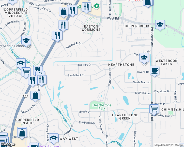 map of restaurants, bars, coffee shops, grocery stores, and more near 14818 Sandalfoot Street in Houston