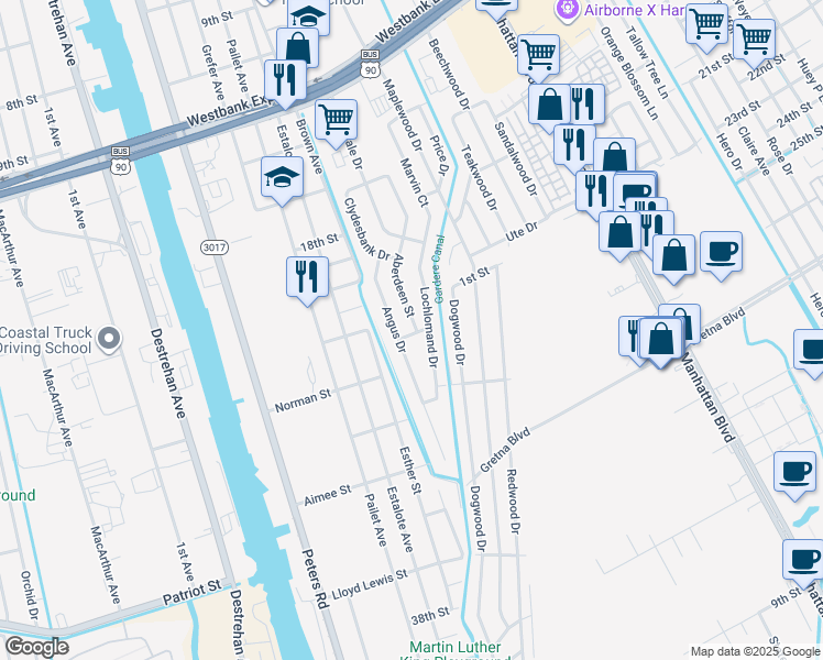 map of restaurants, bars, coffee shops, grocery stores, and more near 1256 Aberdeen Street in Harvey