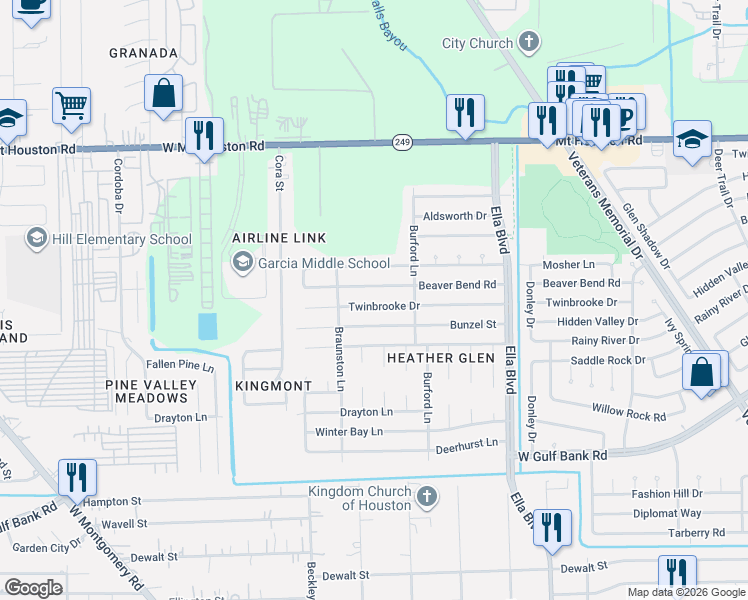 map of restaurants, bars, coffee shops, grocery stores, and more near 2134 Twinbrooke Drive in Houston