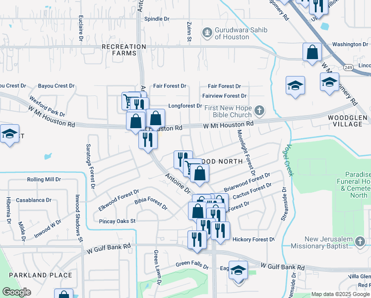 map of restaurants, bars, coffee shops, grocery stores, and more near 8622 Victoria Forest Dr in Houston
