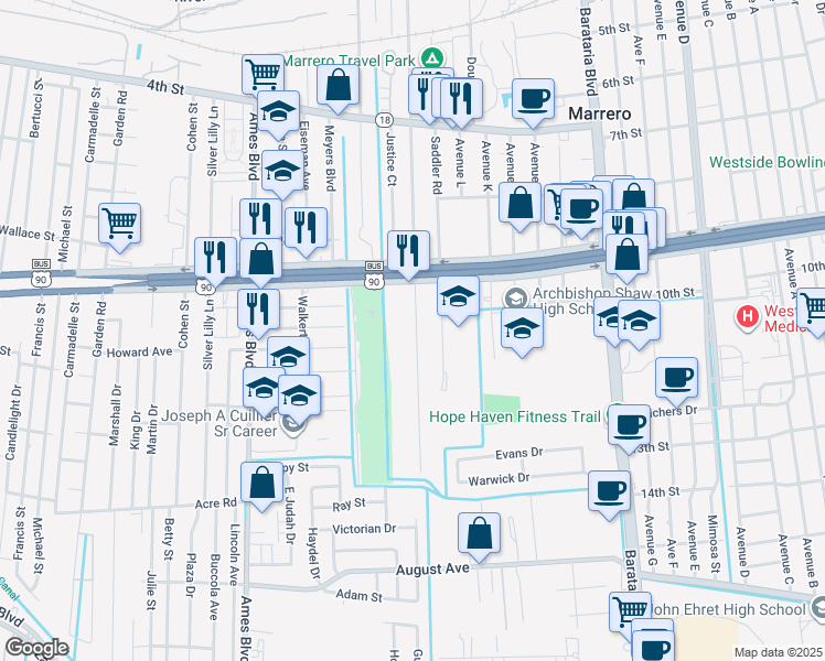map of restaurants, bars, coffee shops, grocery stores, and more near 1004 Robinson Avenue in Marrero