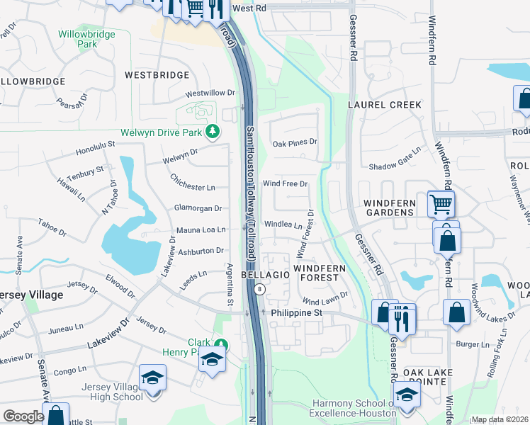 map of restaurants, bars, coffee shops, grocery stores, and more near 8322 Windfall Lane in Houston