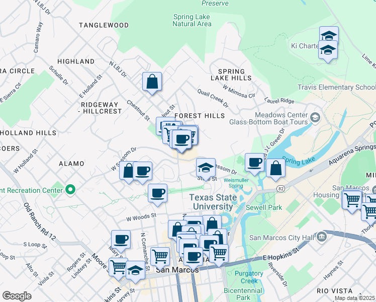 map of restaurants, bars, coffee shops, grocery stores, and more near 700 North LBJ Drive in San Marcos