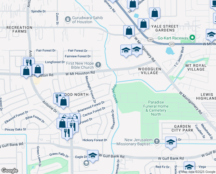 map of restaurants, bars, coffee shops, grocery stores, and more near 5402 Canyon Forest Drive in Houston