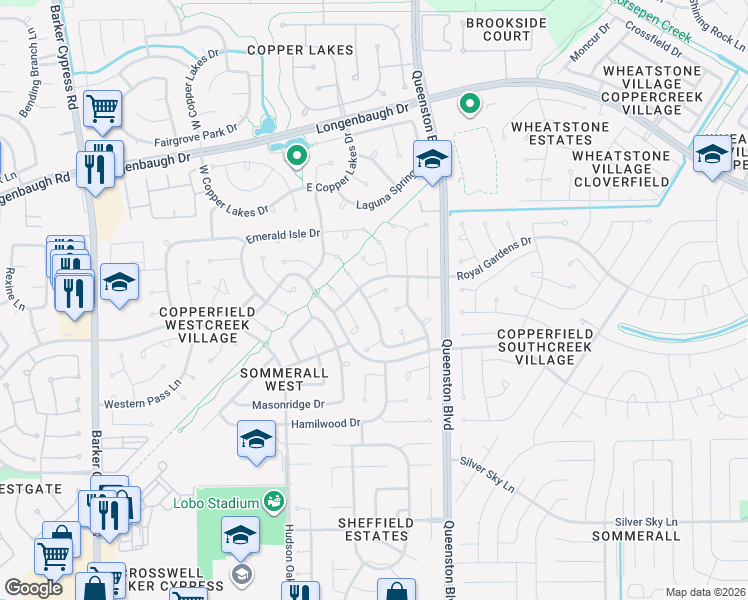map of restaurants, bars, coffee shops, grocery stores, and more near 17334 Meadow Heights Drive in Houston