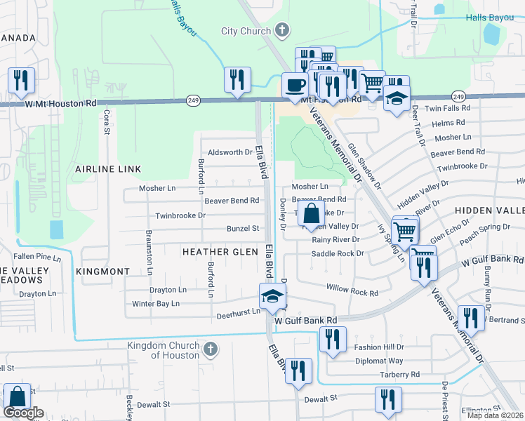 map of restaurants, bars, coffee shops, grocery stores, and more near 1902 Twinbrooke Drive in Houston