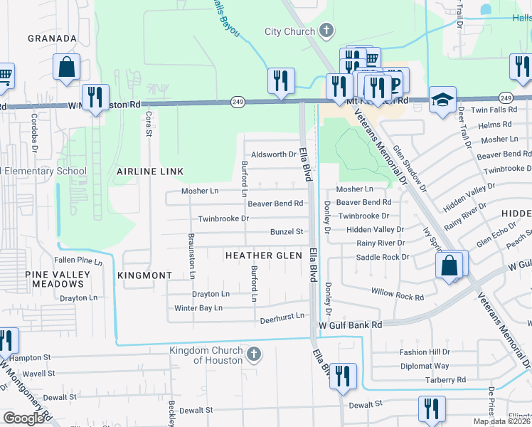 map of restaurants, bars, coffee shops, grocery stores, and more near 2014 Twinbrooke Drive in Houston