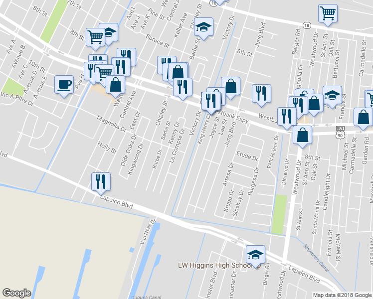 map of restaurants, bars, coffee shops, grocery stores, and more near 862 Victory Drive in Westwego