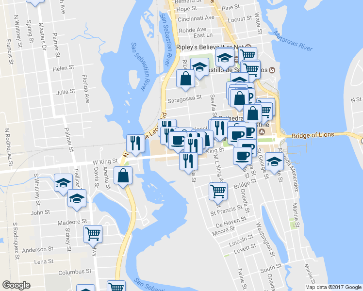 map of restaurants, bars, coffee shops, grocery stores, and more near 135 Oviedo Street in St. Augustine