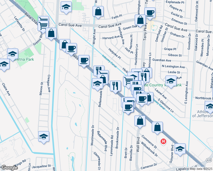 map of restaurants, bars, coffee shops, grocery stores, and more near 108 Briant Street in Gretna