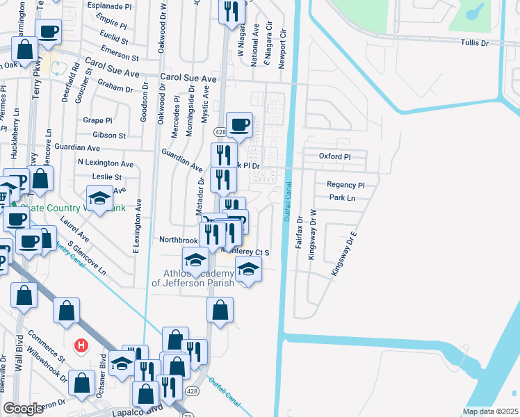 map of restaurants, bars, coffee shops, grocery stores, and more near 2900 North Monterey Court in Terrytown