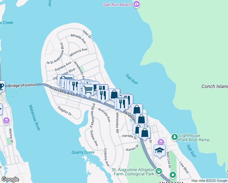 map of restaurants, bars, coffee shops, grocery stores, and more near 32 Comares Avenue in St. Augustine