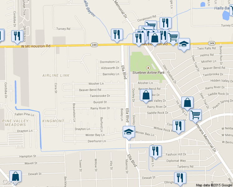 map of restaurants, bars, coffee shops, grocery stores, and more near 1926 Twinbrooke Drive in Houston